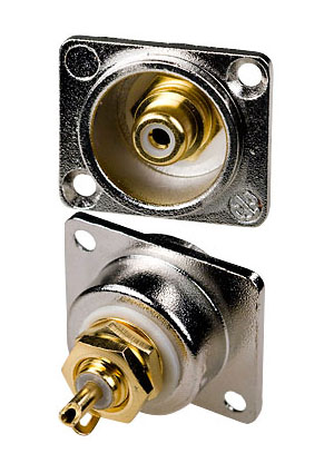 1-292G WT, гнездо RCA металл  на корпус с фланцем белый "позолоченный"