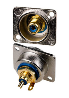 1-292G BL, гнездо RCA металл  на корпус с фланцем синий "позолоченный"